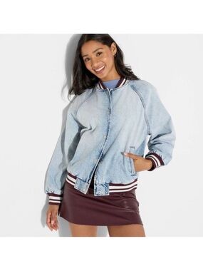 Wild Fable Light Wash Denim Bomber Jacket with Striped Rib Trim - Women M NWT
